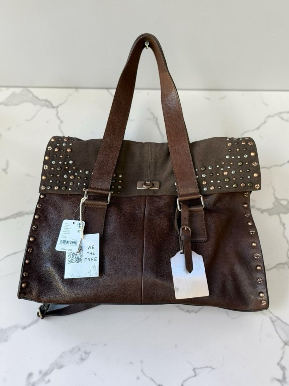 Free People We The Free Cypress Brown Studded Leather Tote Shoulder Bag NWT